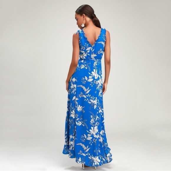 Lulu's NWT Sun Salutation Royal Blue Floral Print Ruffled Wrap Maxi Dress Size L - Picture 2 of 12